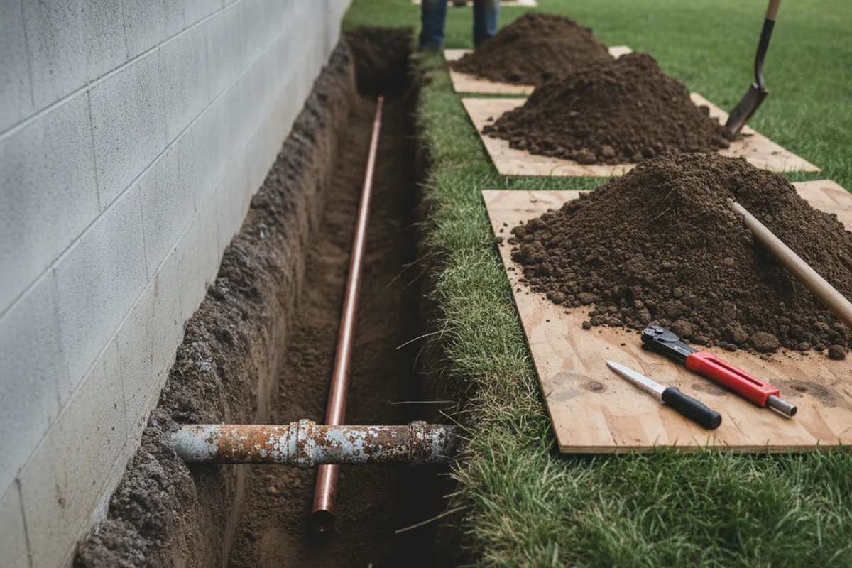 Excavated water line trench during Water Heater Repair in Rocky Comfort
